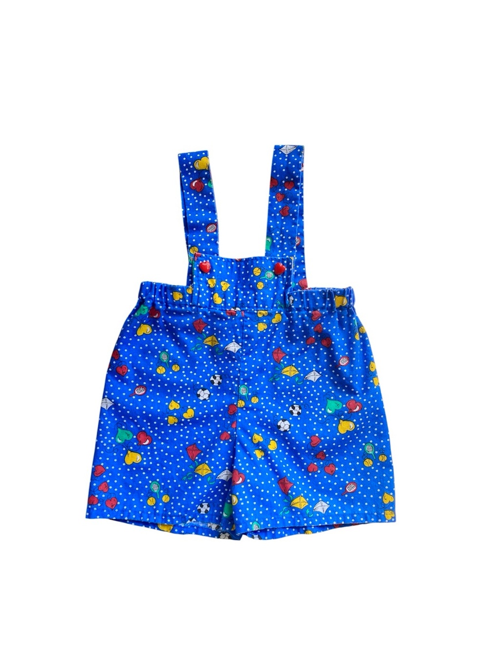Vintage 90s Blue Polka Dot Kids Suspender Shorts with Colorful Print